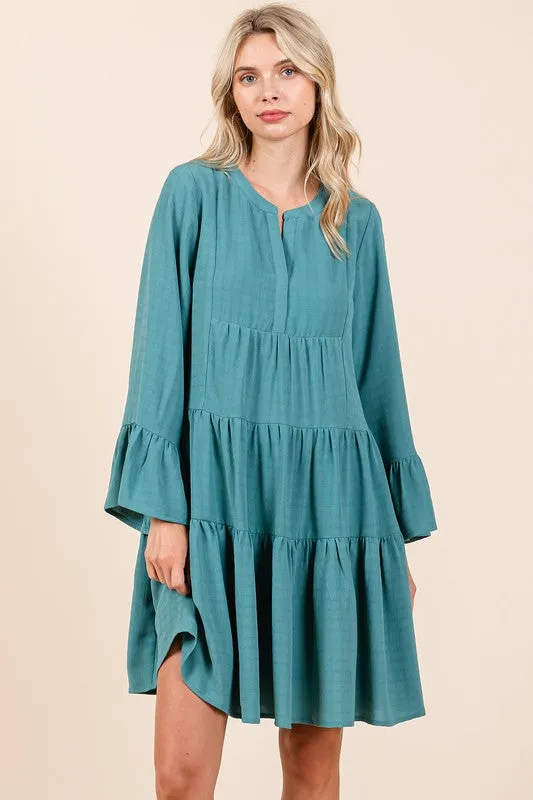 Seafoam Textured Long Bell Sleeve Tiered Mini Dress