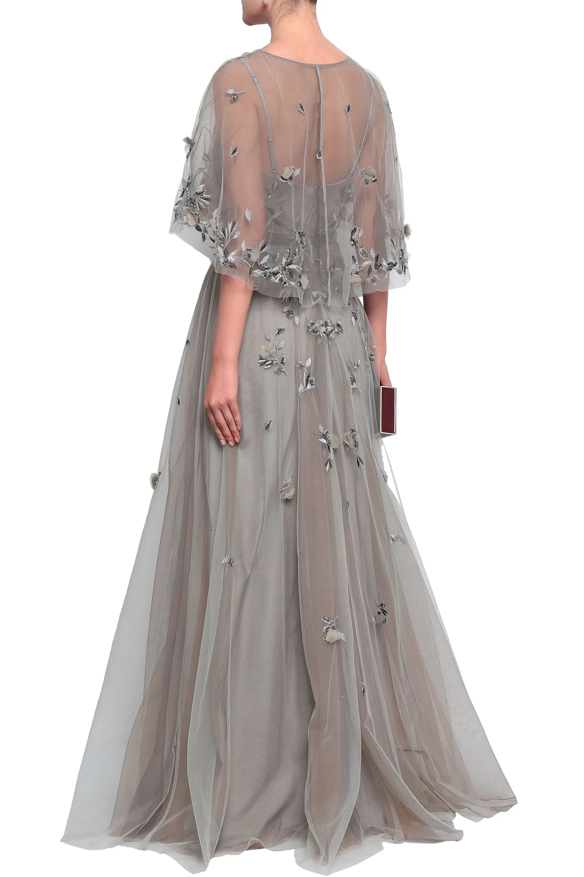 Silver Cape Embellished Tulle Gown