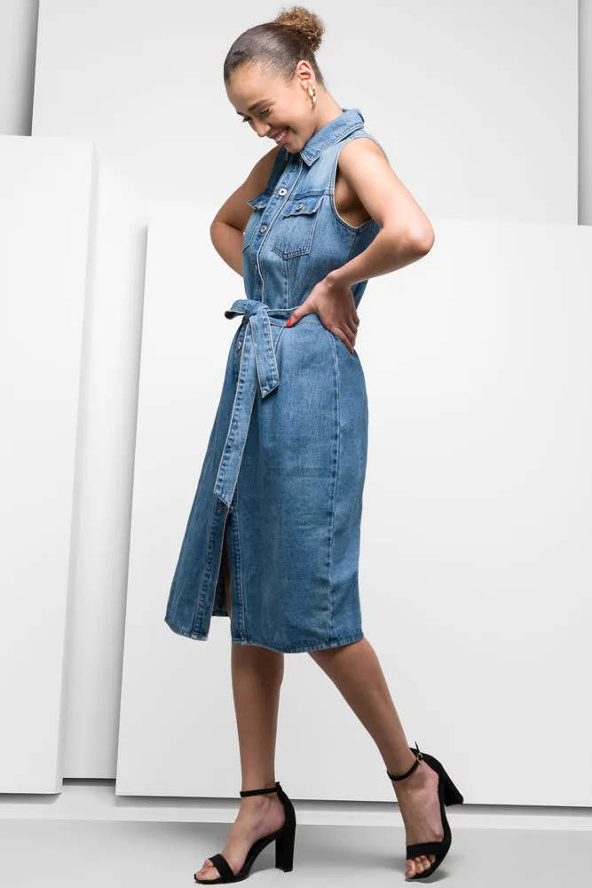 Sleeveless Belted Denim Dress Blue