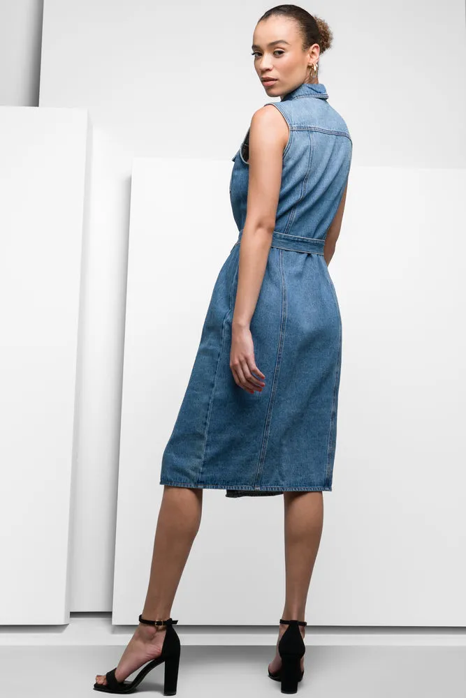 Sleeveless Belted Denim Dress Blue