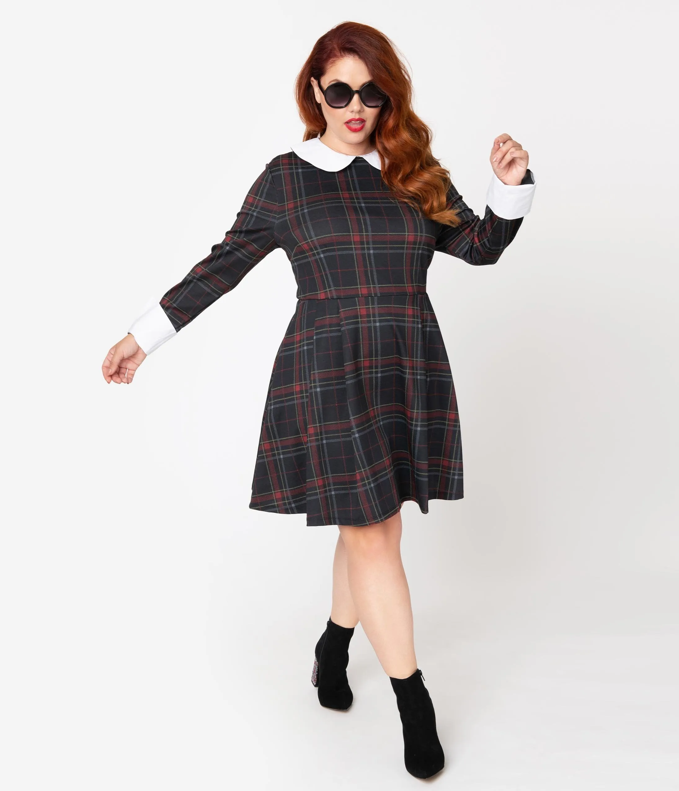 Smak Parlour Plus Size Black & Red Plaid White Collar New A-List Fit & Flare Dress