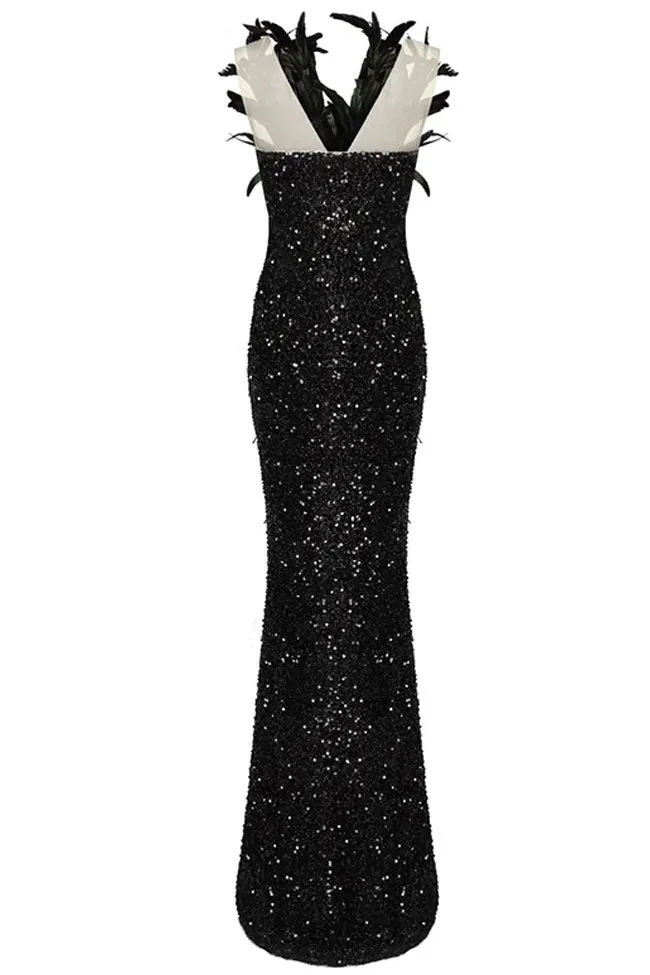 Sparkly Deep V Feather Trim Sequin High Waist Thigh Split Evening Maxi Dress - Black