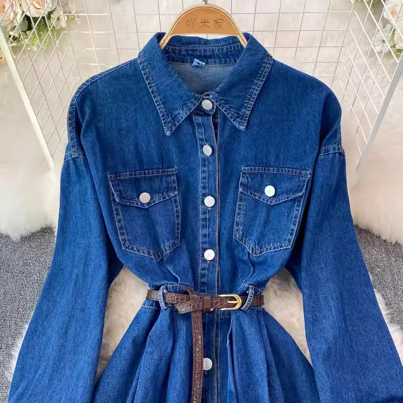 Spring and Autumn Retro Denim Skirt Mid Length Dress 1411