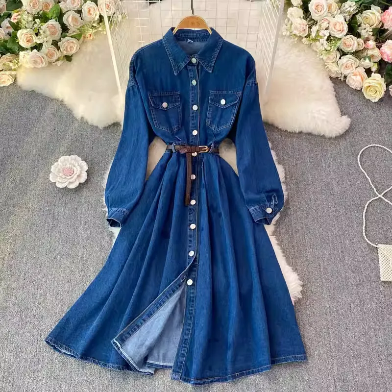 Spring and Autumn Retro Denim Skirt Mid Length Dress 1411