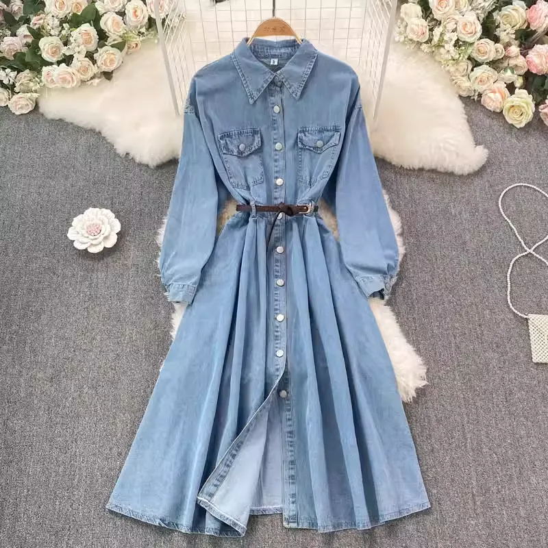 Spring and Autumn Retro Denim Skirt Mid Length Dress 1411