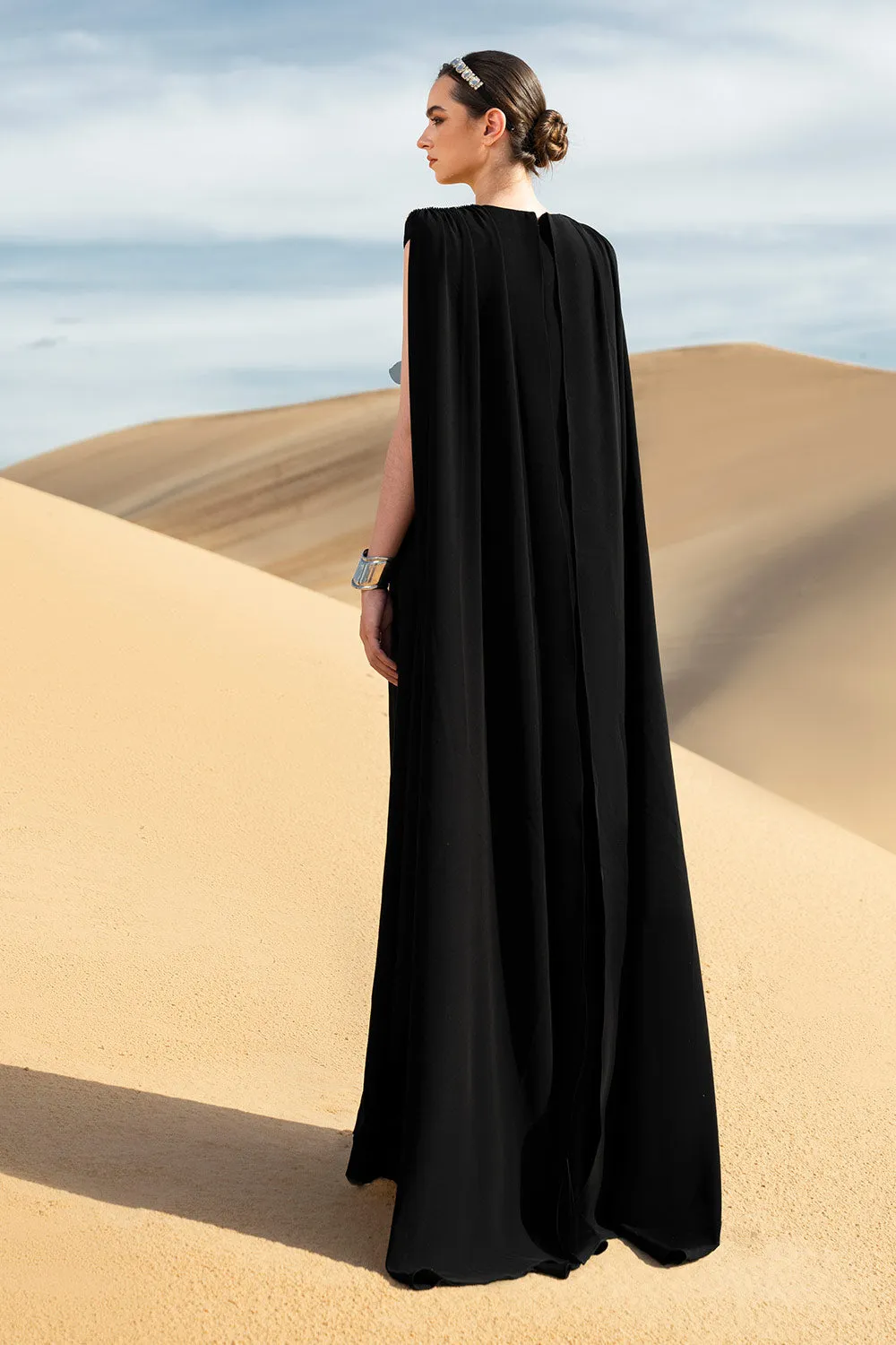 Stefania Cape Sleeveless Velvet Satin Maxi Dress