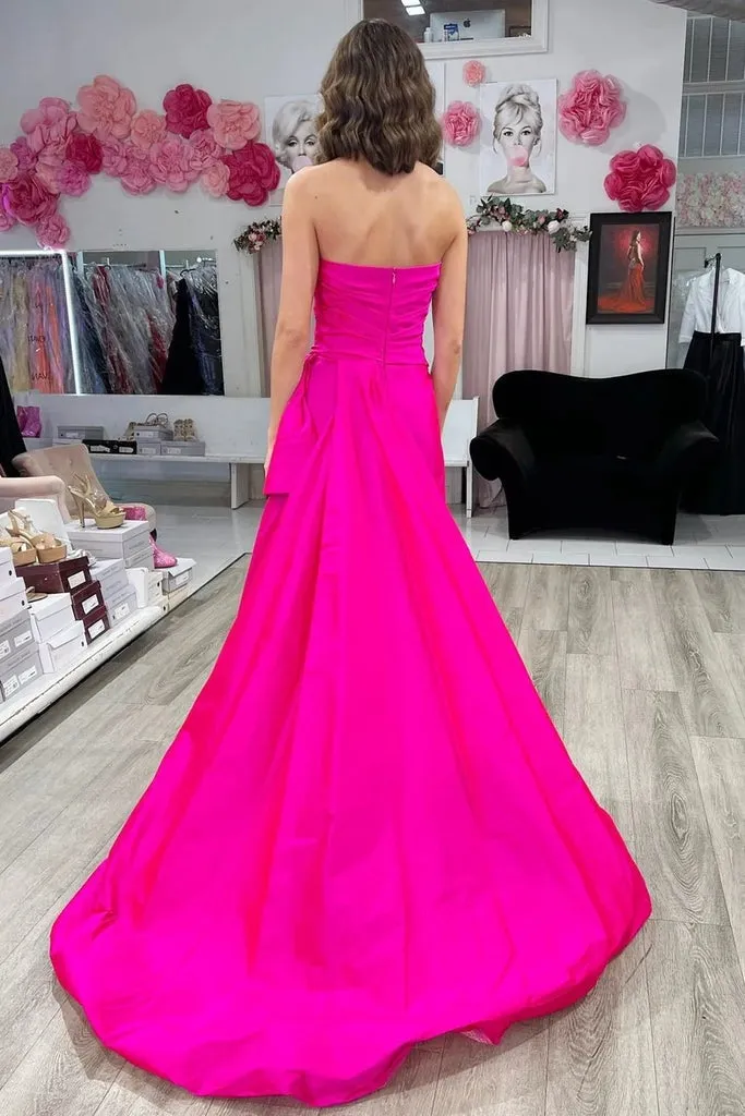 Strapless Ruched Maxi Magenta Prom Dresses