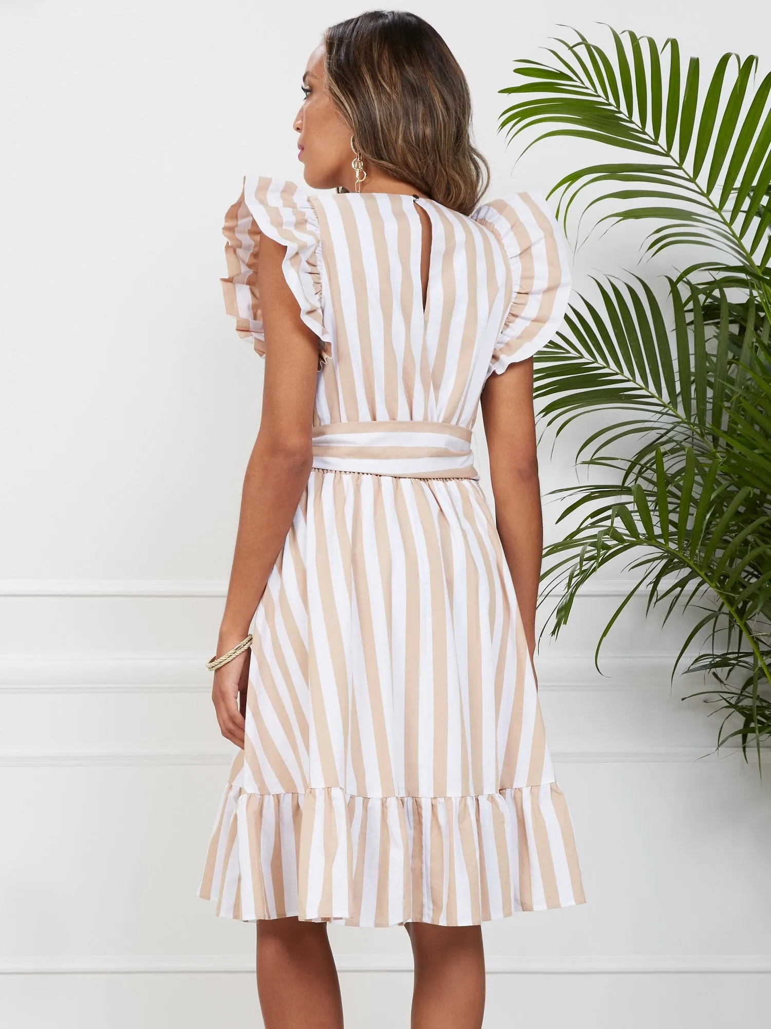 Stripe Ruffle-Sleeve Wrap Dress