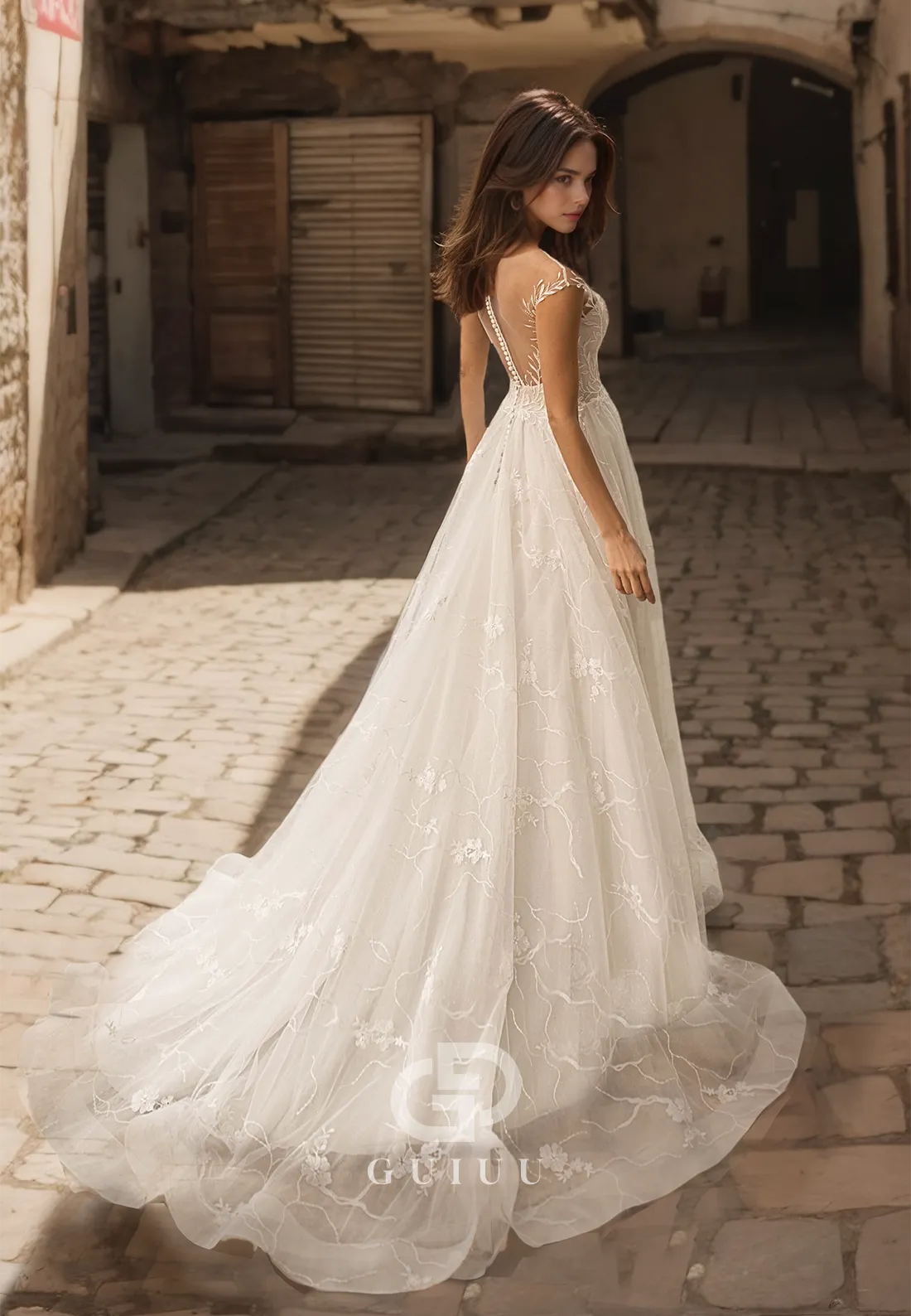 Tulle Draped Lace Appliques A-Line Wedding Dress with Sweep Train and Buttons