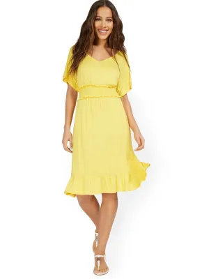 V-Neck Dolman-Sleeve Frill Dress