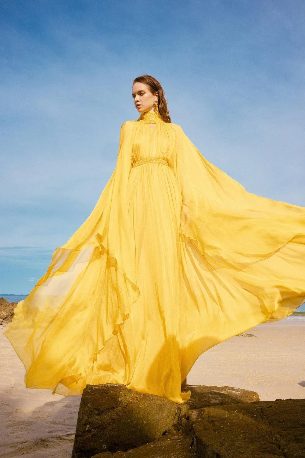 Vanessa Gathered Batwing Sleeved Silk Floor Length Dress