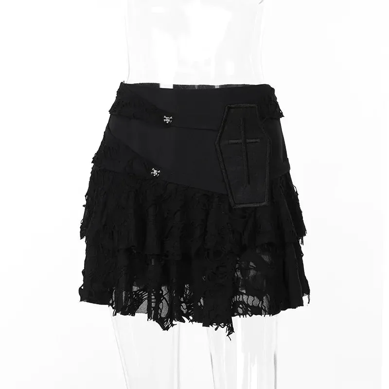 Versatile Gothic Lace Cake Skirt for Summer 2024 with Ripped Holes