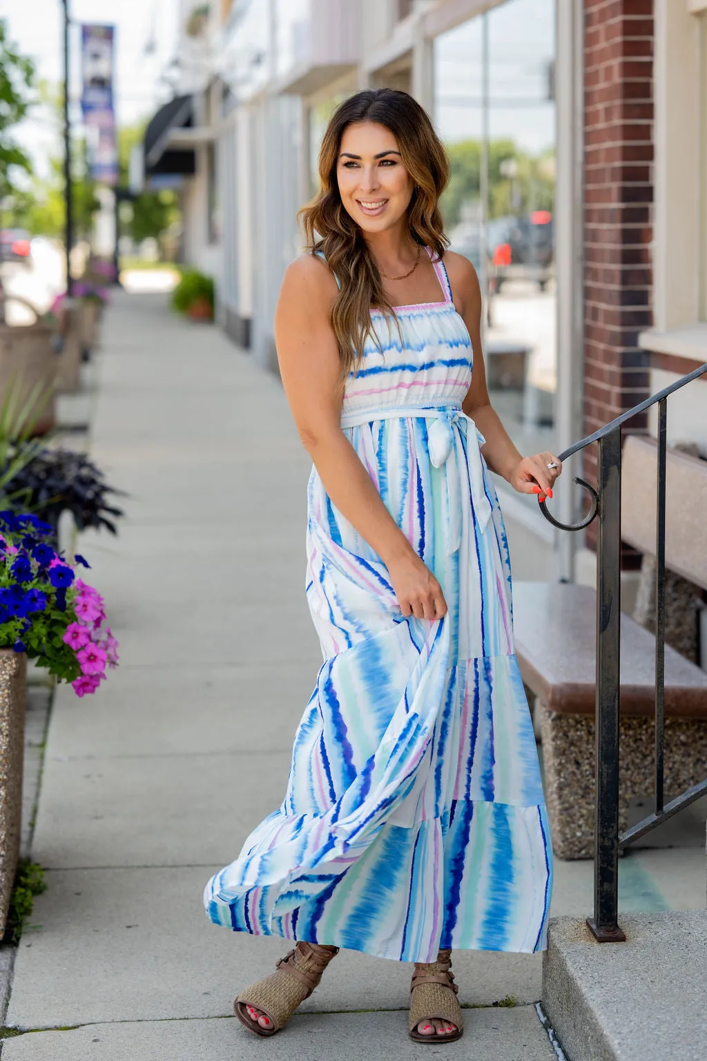 Watercolor Stripes Tiered Maxi Dress