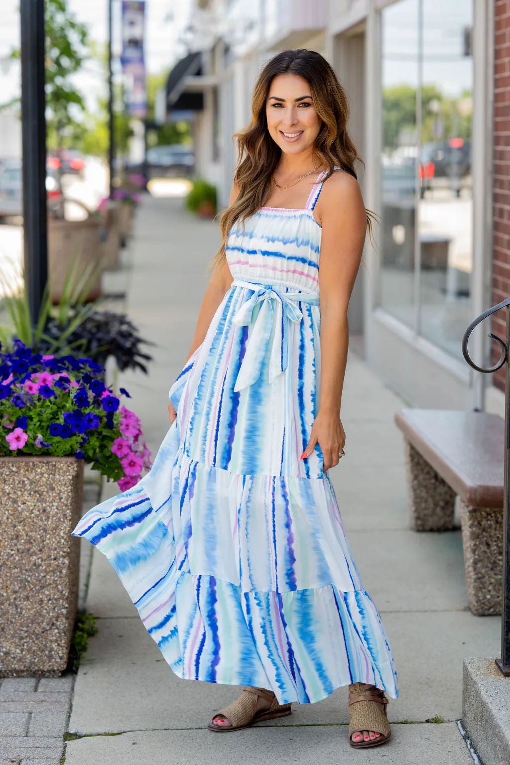 Watercolor Stripes Tiered Maxi Dress