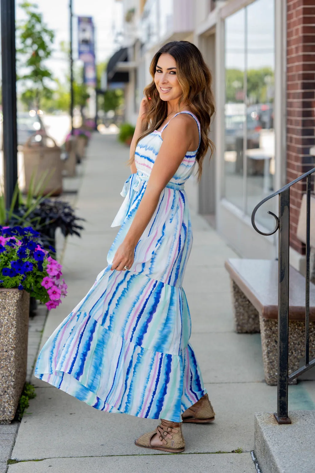 Watercolor Stripes Tiered Maxi Dress