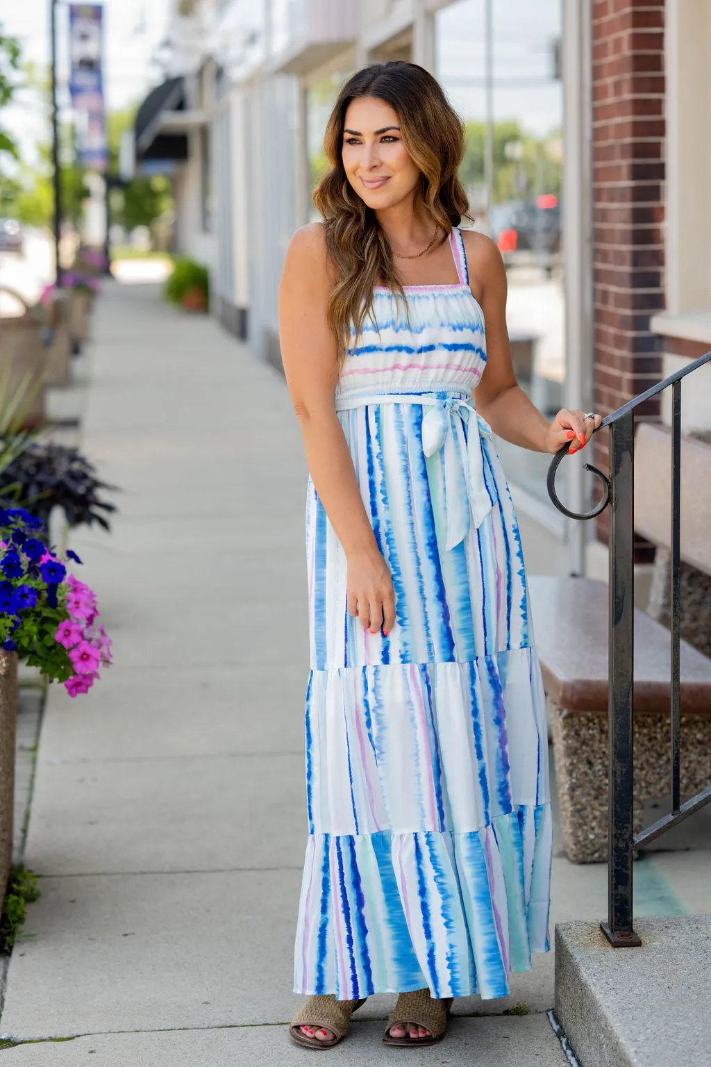 Watercolor Stripes Tiered Maxi Dress