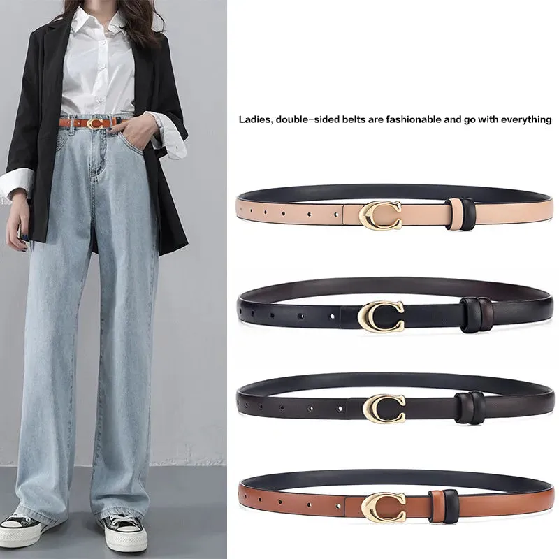 Women C-shaped Buckle Thin Belt for Jeans Dress High Quality PU Leather Luxury Designer Brand Detachable Double Side Denim Belt