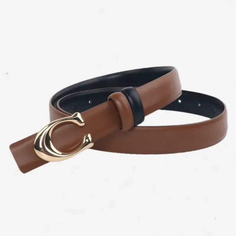 Women C-shaped Buckle Thin Belt for Jeans Dress High Quality PU Leather Luxury Designer Brand Detachable Double Side Denim Belt