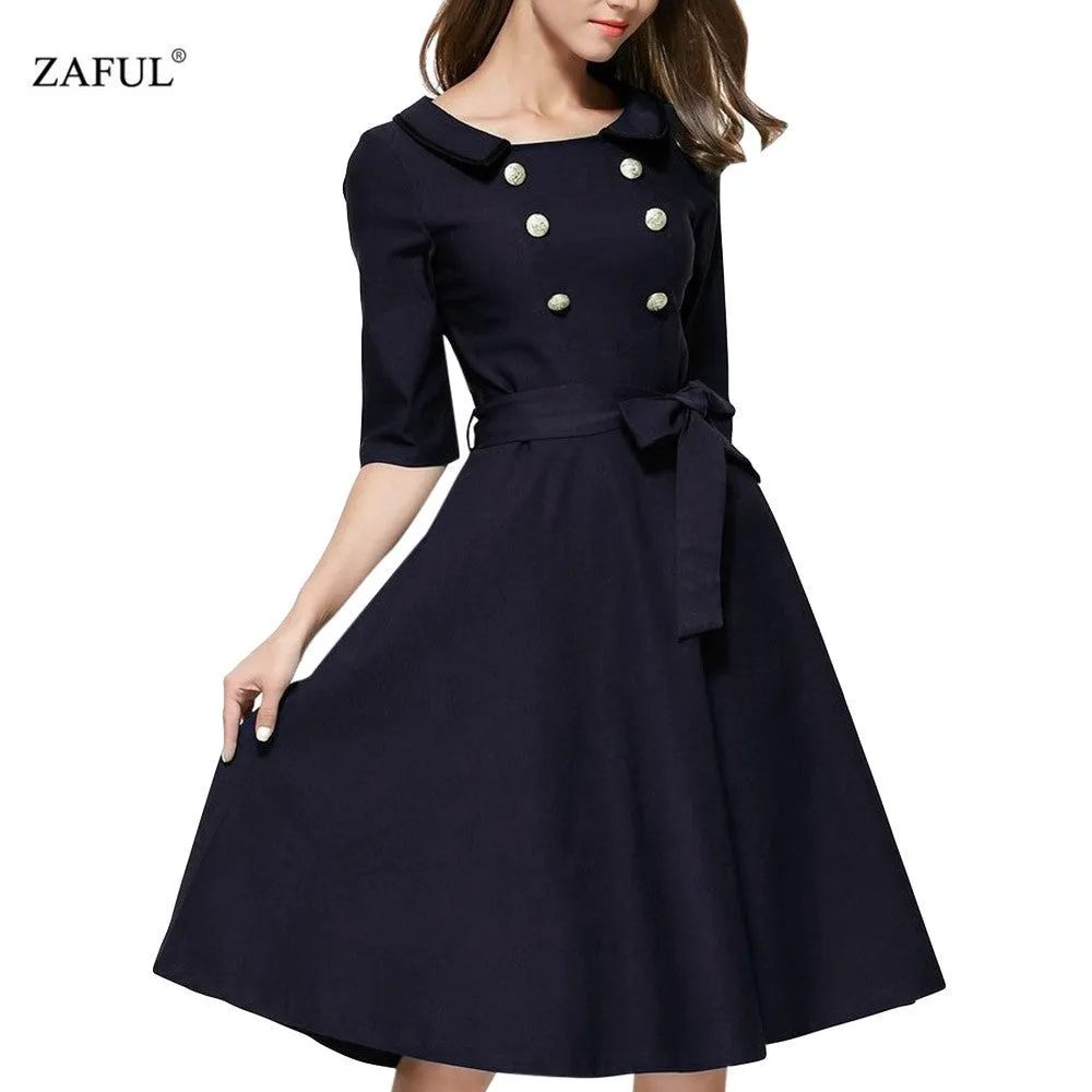 Womens Retro Audery Vintage Elegant Big Hem button Party Dresses Feminino Vestidos