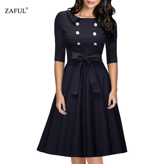 Womens Retro Audery Vintage Elegant Big Hem button Party Dresses Feminino Vestidos