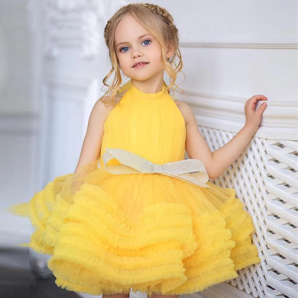 Yellow Baby Girl Puffy Dresses with Bow