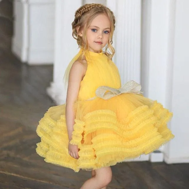 Yellow Baby Girl Puffy Dresses with Bow